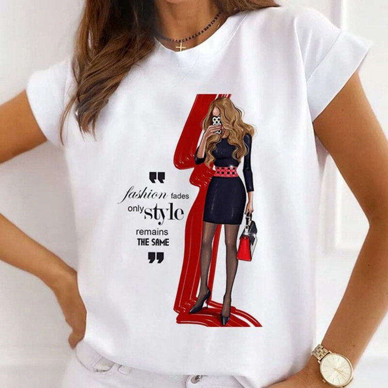 Europa i Stany Zjednoczone Casualowa damska koszulka z okrągłym dekoltem Oddychająca modna koszulka dziewczęca z nadrukiem z krótkim rękawem