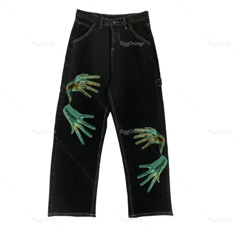 Alta qualidade impressão da palma jean baggy slouchy y2k baggy streetwear perna larga calças de brim femininas nova alta cintura calças de carga roupas femininas