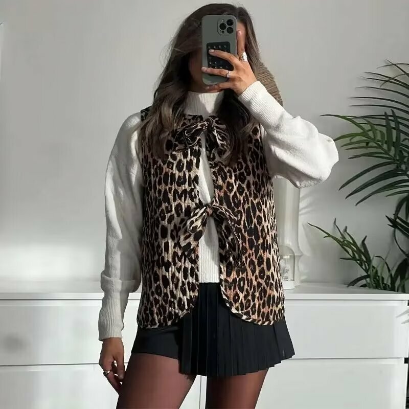 ZAURA-Chaleco con estampado de leopardo para mujer, ropa con cuello en V, decoración de lazo, a la moda, novedad de primavera y verano, 2024
