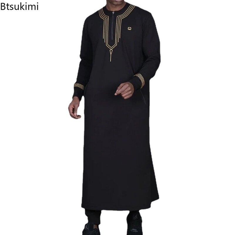 Kaftan bordado manga comprida em o pescoço masculino, robe árabe, moda muçulmana Abaya, festa casual Jubba Thobe, Dubai Turquia, Novo, 2024