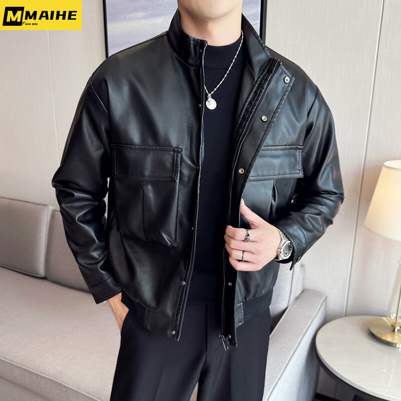 Кожаная мужская куртка, новая брендовая облегающая куртка с большими карманами и воротником-стойкой, локомотивная одежда, ветрозащитное теплое качественное пальто, искусственная кожа