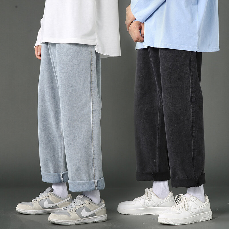 Calça jeans larga e casual masculina, calça reta de perna larga, calça jeans de casal, preto azul claro, moda coreana, hip hop, rua, novo, 2023