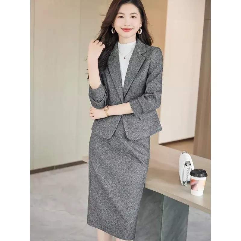High Quality Women Formal Jacket Skirt Suit Ladies Gray Pink Coffee Long Sleeve Female Two Piece Set Blazer For Autumn Winter