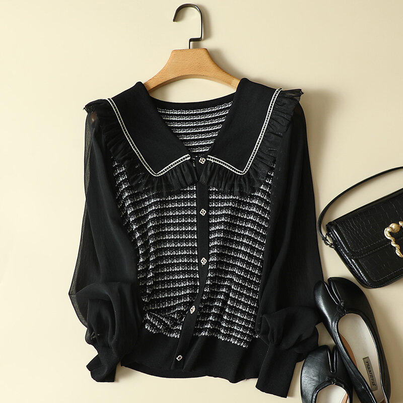 Chiffon Patchwork Knitted Women Sweater Pullovers Autumn Turn-Down Collar Long-Sleeved Casual All Match Female Outwear Tops