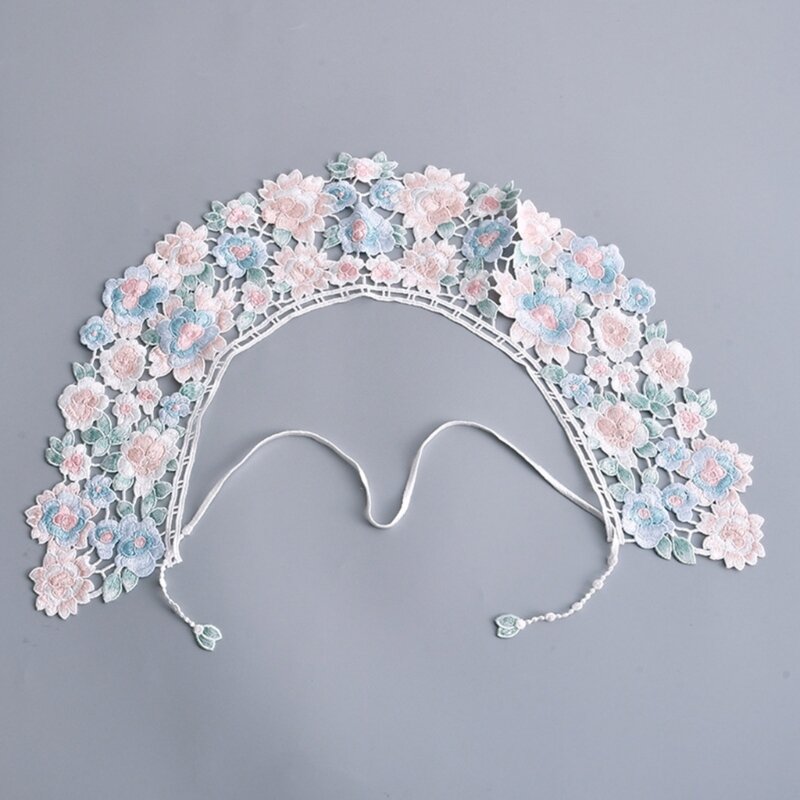 Decorative Neckline Faux Collar for Women Elegant Fairy Embroidery Colorful Floral Shawl Scarf Lace-Up Bowknot Mini Cape