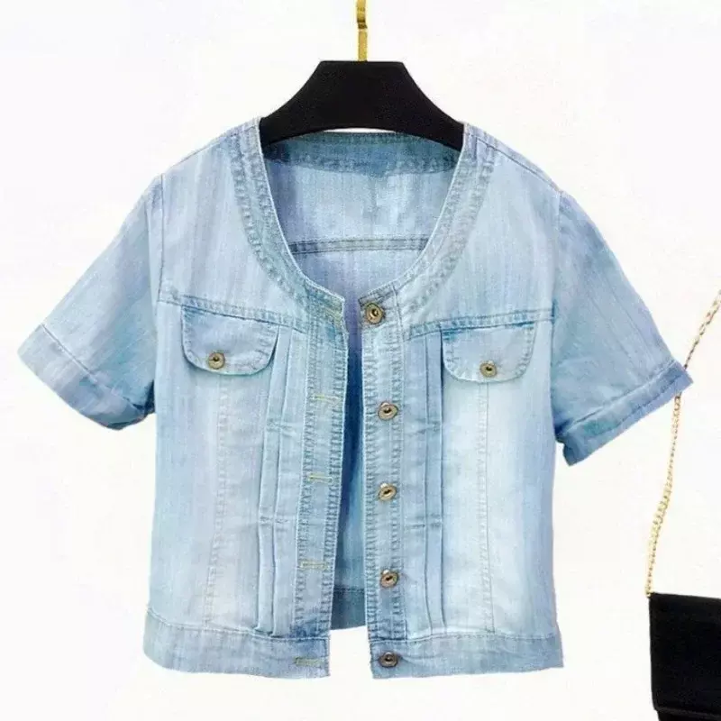 Женская джинсовая рубашка с коротким рукавом, в Корейском стиле