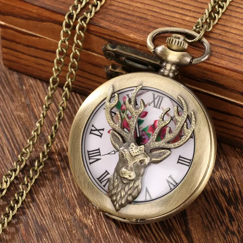 Reloj de bolsillo de cuarzo con cabeza de alce ahuecado de bronce, semicazador, regalo Digital romano, collar con colgante, hombres y mujeres