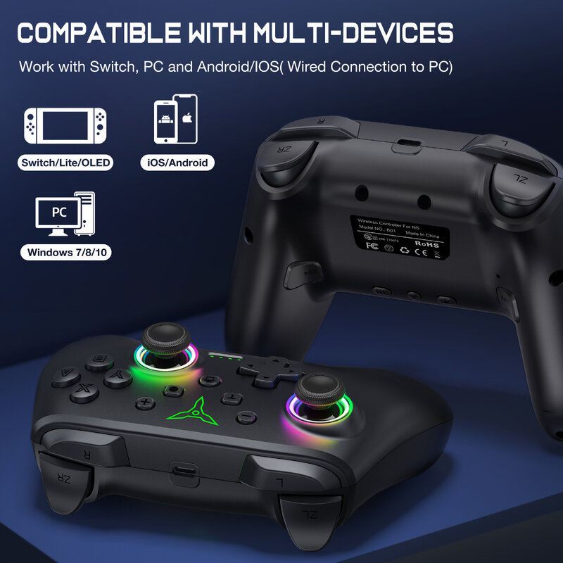 Dinofire pengontrol RGB Bluetooth nirkabel, Joystick multifungsi untuk Nintendo Switch/Switch OLED/Switch Lite/PC/Gamepad seluler