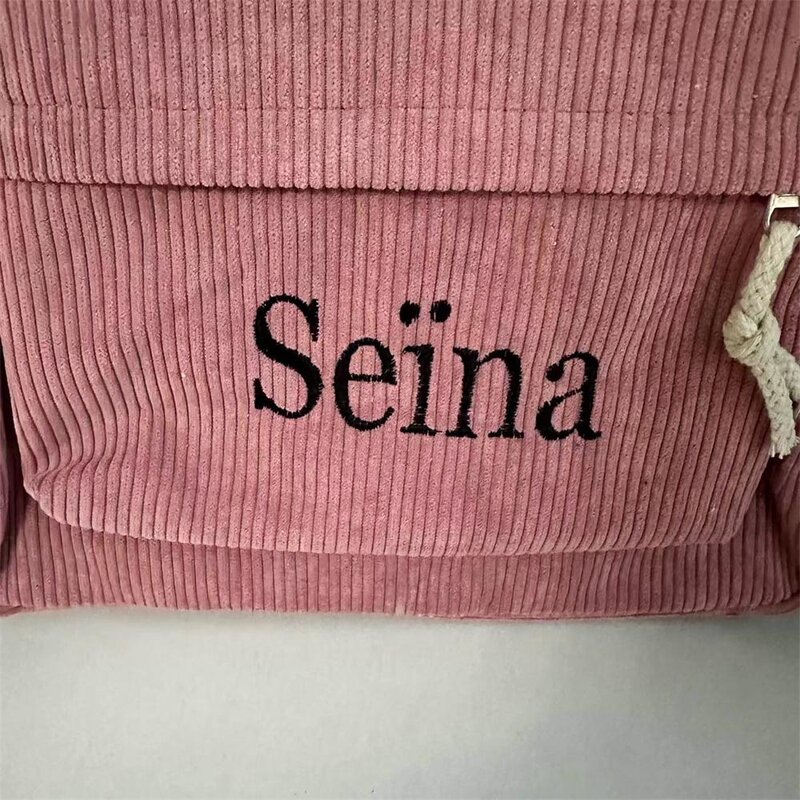 Personalized Embroidery School Backpack Large Capacity Vintage Backpack Boys Girls Corduroy Customized Name Outdoor Bag