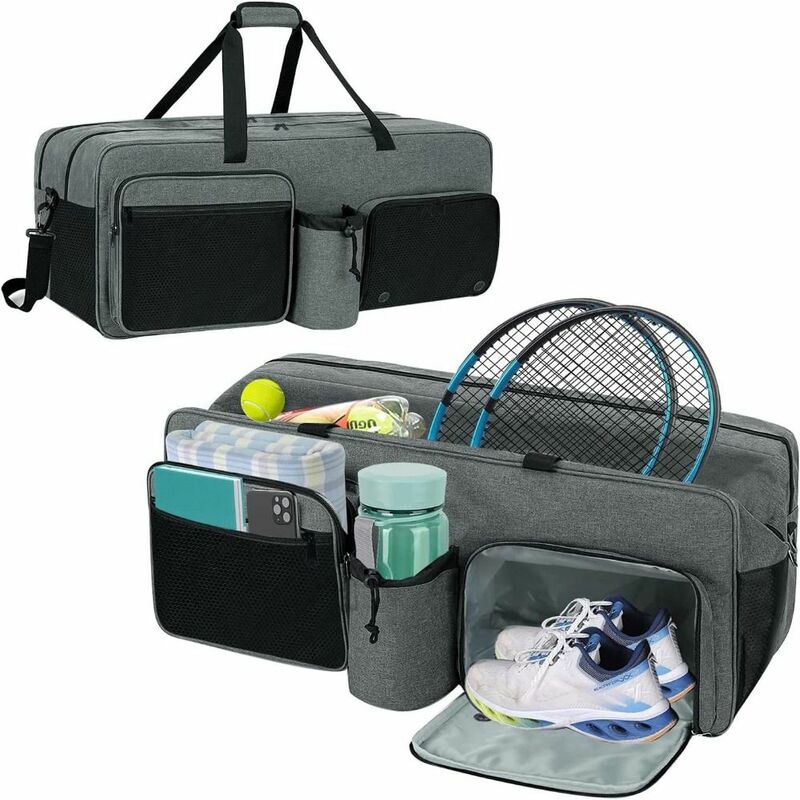 Racket Carrier Tennis Crossbody Bag para homens Perfeito, durável, raquetes cinzentas, sacos de bolas, pode caber sapatos, grande capacidade, bolsa de bagagem de viagem para homens