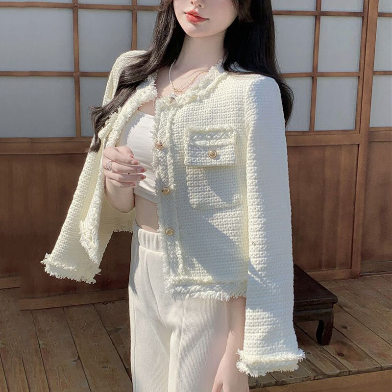 Lucyever koreanische Mode Plaid Tweed Jacke Frauen weiß Rundhals ausschnitt kurz Quaste Mantel Herbst einreihige Büro Dame Outwear