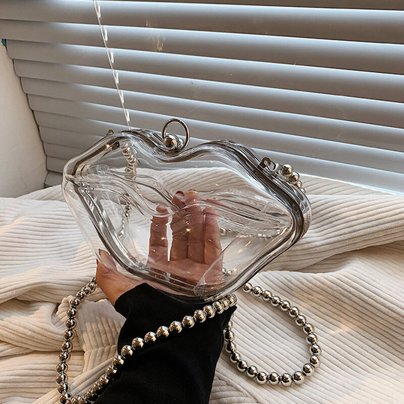 Bolso cruzado de PVC para mujer, bolsa de mano con forma de labios, cadena de cuentas, bandolera transparente, bolso de hombro, monedero para teléfono