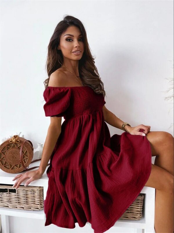 New Short Sleeve Off The Shoulder High Waist A-Line Pleated Dress Sexy Club Outfits Solid Color Summer Dress Women 2024