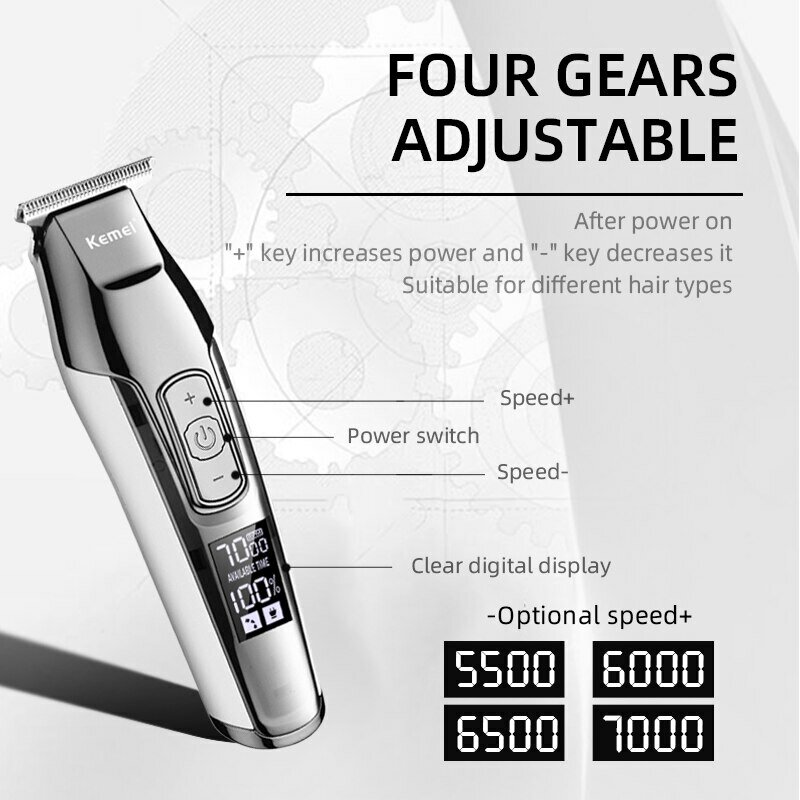 Kemei-5027 Professional Hair Clipper Beard Trimmer for Men Adjustable Speed LED Digital Carving Clippers Electric Razor KM-5027