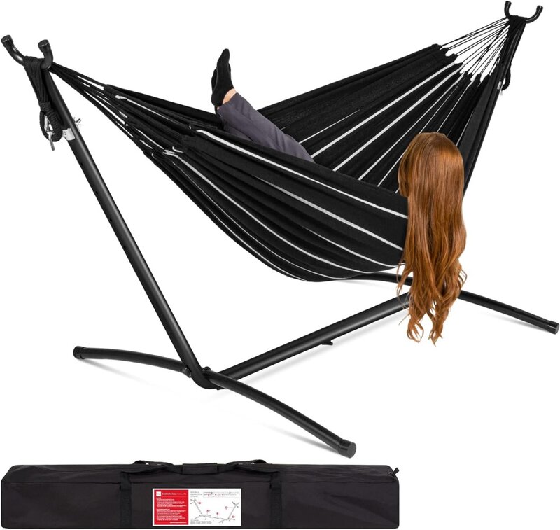 Best Choice Products Double Hammock with Steel Stand, Indoor Outdoor Brazilian-Style Cotton Bed w/Carrying Bag, 2-Person