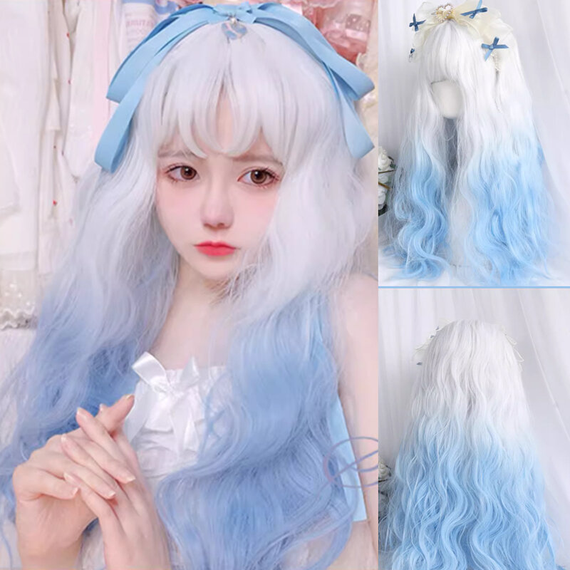 Lolita sintética peruca longa cabelo encaracolado, rolo de lã gradiente, festa diária, branco e azul