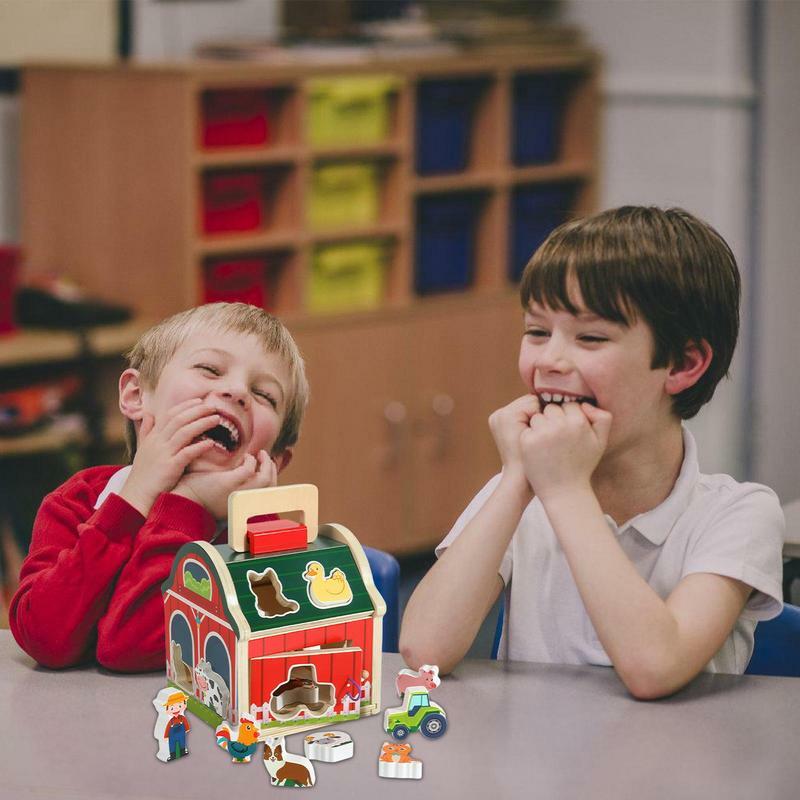 Jouets d'apprentissage Montessori pour animaux de ferme, tri de formes, ensemble de jouets de grange, jeu d'empilage de maison, jouets de ferme