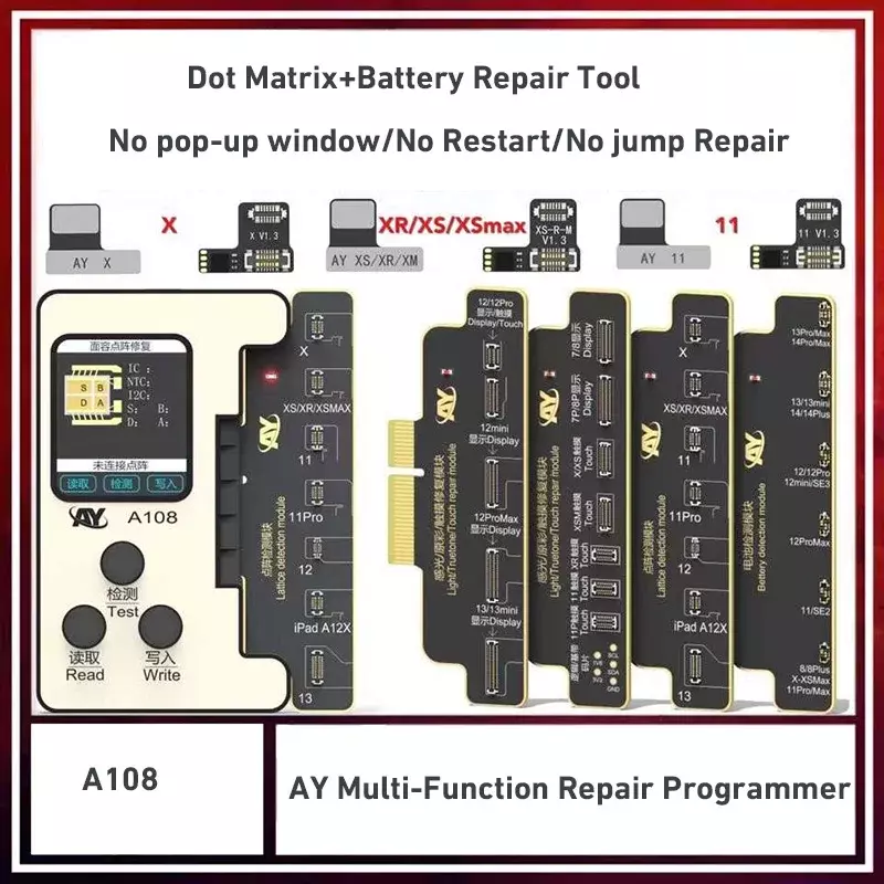 Программатор для ремонта точечной матрицы AY A108 с истинным тоном для iPhone 8-14 МП, с функцией распознавания лица/без снятия батареи, FPC, гибкий инструмент для чтения/записи