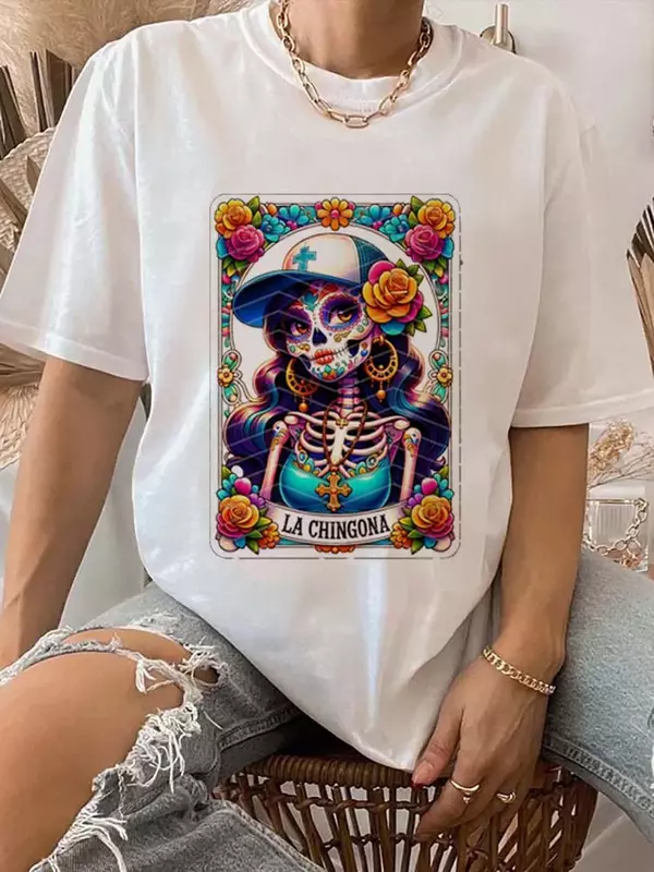 La Chingona Watercolor Trendy Printed T-Shirt Street Top Short Sleeve Fashion Cartoon Pattern Casual Style Summer T-Shirt.