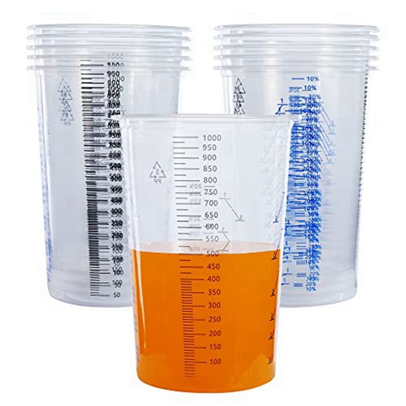 さまざまなプラスチックミキシングカップ、使い捨て、フレキシブル、クリア、ペイント、樹脂、エポキシ、混合比率、32オンス、1000ml、25パック