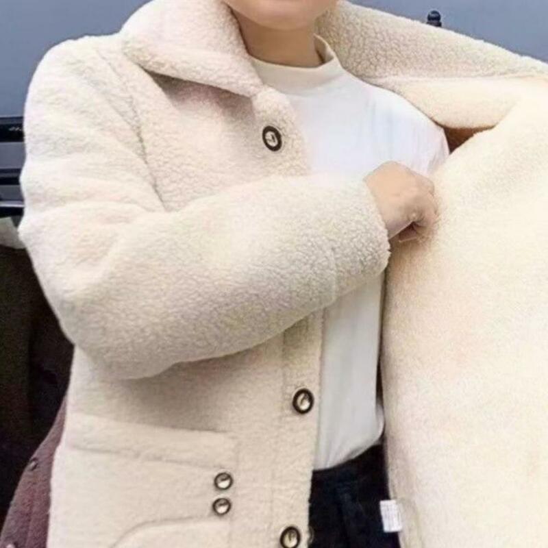 1Pc Lapel Women Solid Color Coat with Plush Single-reasted Women Coat Vintage Warmth Resistance Women's Winter Coat for Outdoor