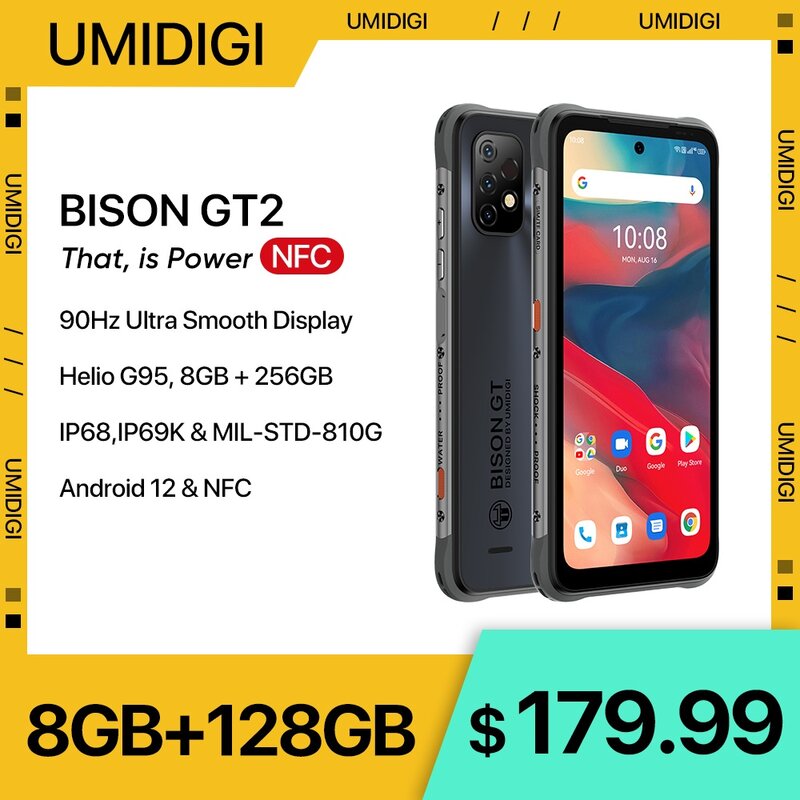 UMIDIGI-BISON GT2/GT2 프로 안드로이드 12 견고한 스마트폰, IP68 IP69K 128GB 256GB 90Hz Helio G95 NFC 6.5 인치 FHD + 64mp 카메라 핸드폰