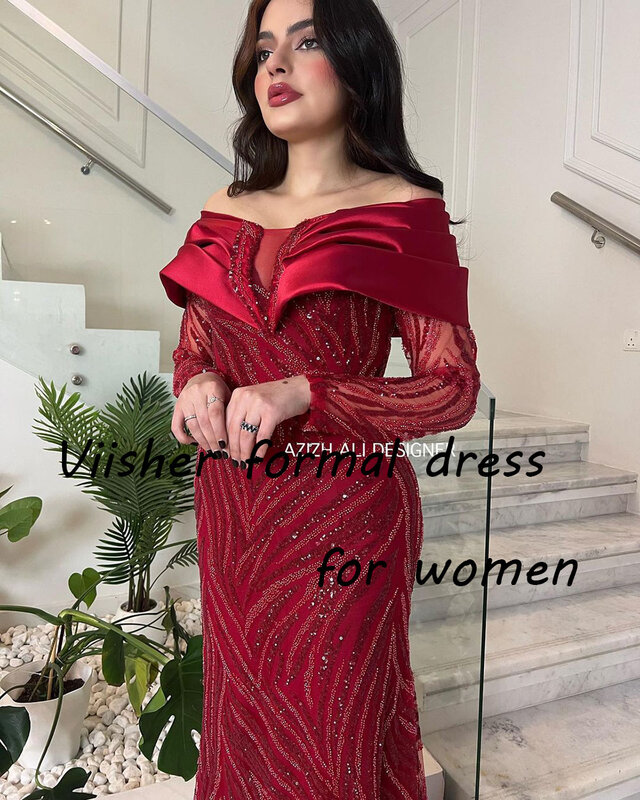 Red Mermaid Evening Dresses Off Shoulder Luxury Sequin Beaded Tulle Arabian  Formal Prom Dress Floor Length Wedding Guest Gown
