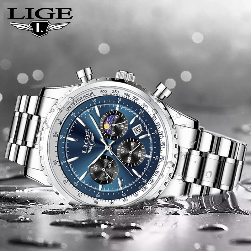 LIGE-Montre-bracelet à quartz en acier pour homme, montres de sport étanches, grande horloge, marque supérieure, luxe