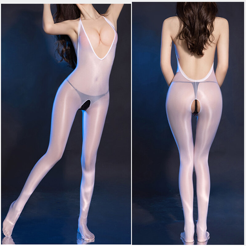 Women Shiny Crotchless Bodysuit Sheer See Through Open Crotch Sexy Tights Oil Glossy Jumpsuit One-piece Body Stockings