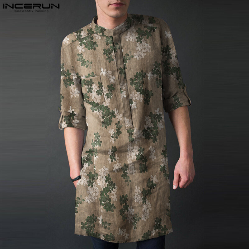 Elegante stile musulmano top INCERUN camicie Robe stampa floreale da uomo tre colori in piedi collo camicetta a maniche medie di media lunghezza S-5XL