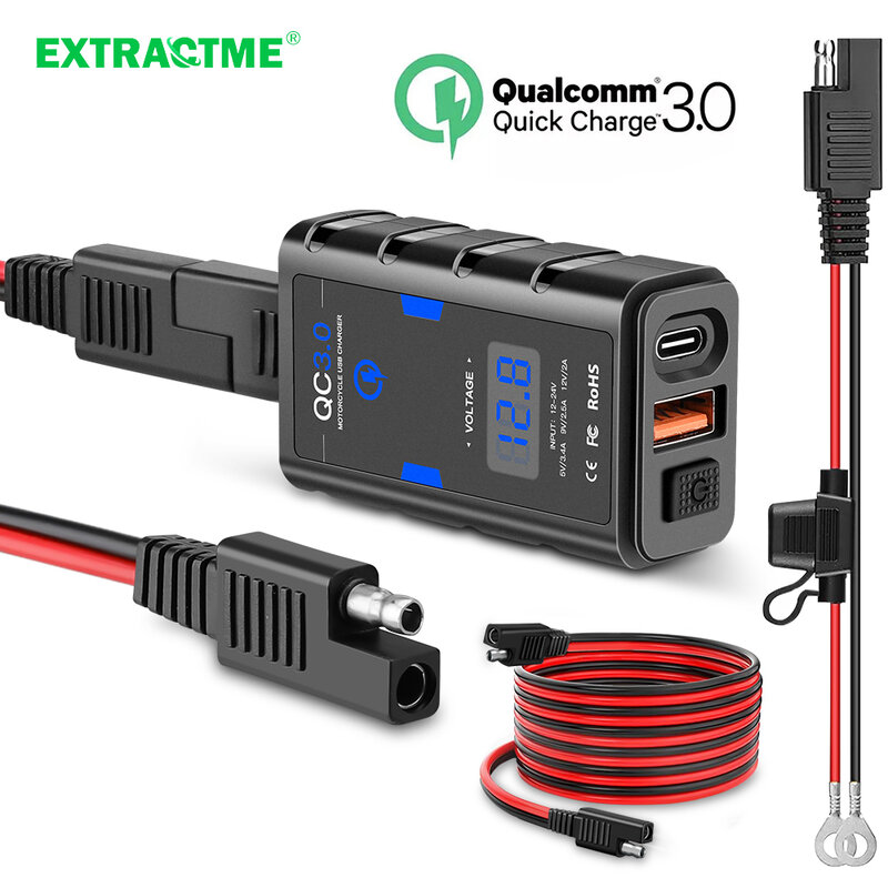 Extractme-cargador USB para motocicleta, adaptador de fuente de alimentación de 12V con interruptor, voltímetro, enchufe, cargador de teléfono para Moto, 6.8A, QC3.0