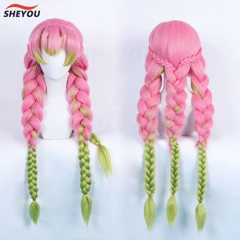 Высококачественный парик для косплея Kanroji Mitsuri Аниме длинные зеленые розовые термостойкие синтетические волосы парики для Хэллоуина + шапочка для парика