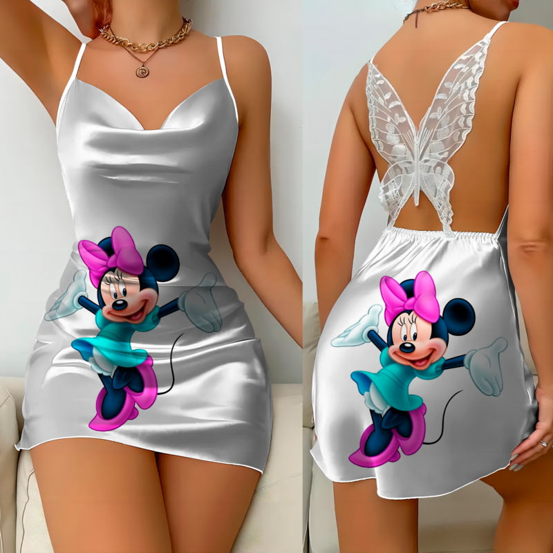 Mickey gaun elegan untuk wanita gaun piyama renda permukaan Satin rok Disney Minnie Mouse simpul kupu-kupu mode Musim Panas 2024