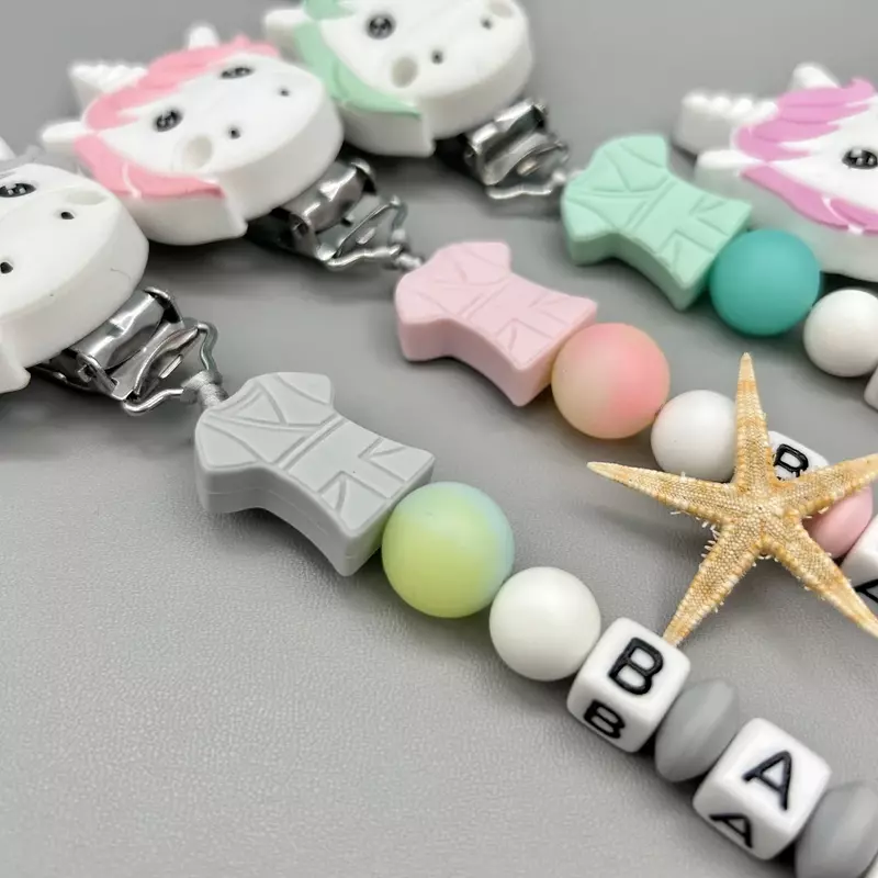 Custom Silicone Alphabet Baby Unicorn Silicone Luminous Beads Pendant Pacifier Clips Holder Chains Baby Teether Kawaii Toy Gifts
