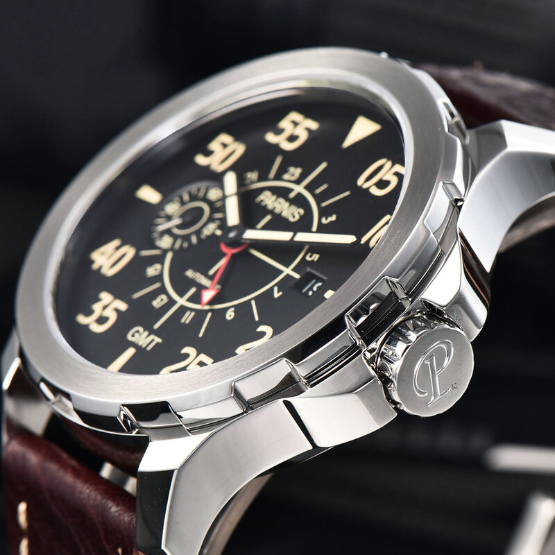 Parnis 2023ลำลอง44มม. สีเงินใหม่ล่าสุดสีแดง GMT นาฬิกาข้อมืออัตโนมัติกันน้ำ montre Homme พร้อมกล่องของขวัญ