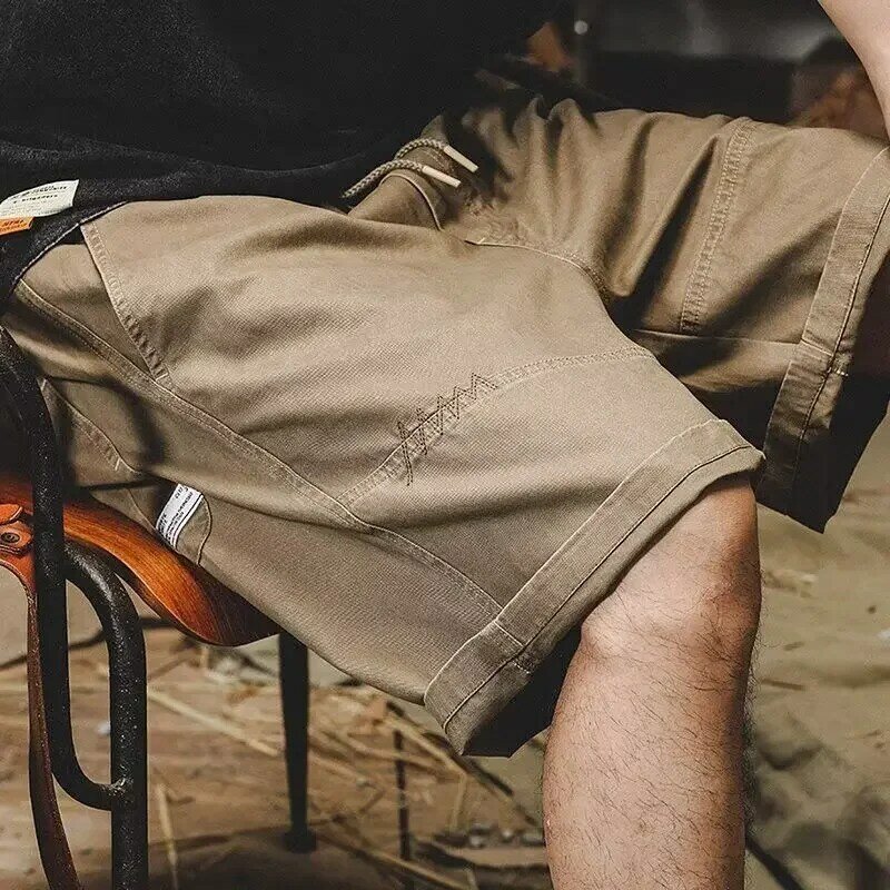 Pantalones cortos de algodón con cintura elástica para hombre, ropa de calle Vintage, cómoda, color caqui, Y2k