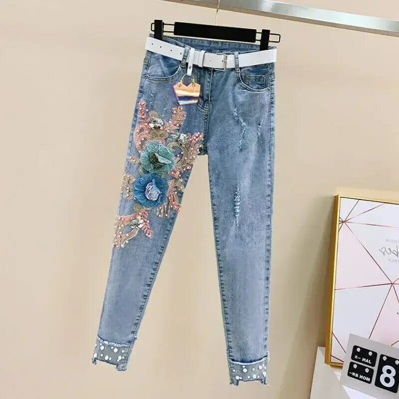 Conjunto jeans e top bordado de manga curta feminino, novo estilo, redução de idade, moda primavera e verão, 2 peças, 2024
