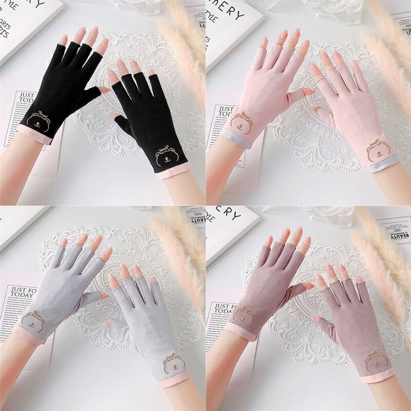 Sarung tangan pelindung matahari tipis wanita, mode elastis tanpa jari Anti-UV sarung tangan katun pendek