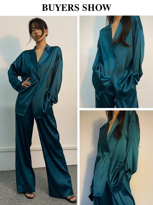 Mode Blazer Lengan Panjang Dua Potong Set Pakaian Luar Wanita Set Celana Kantor Longgar Kasual Setelan Celana Panjang Satin Hijau Elegan