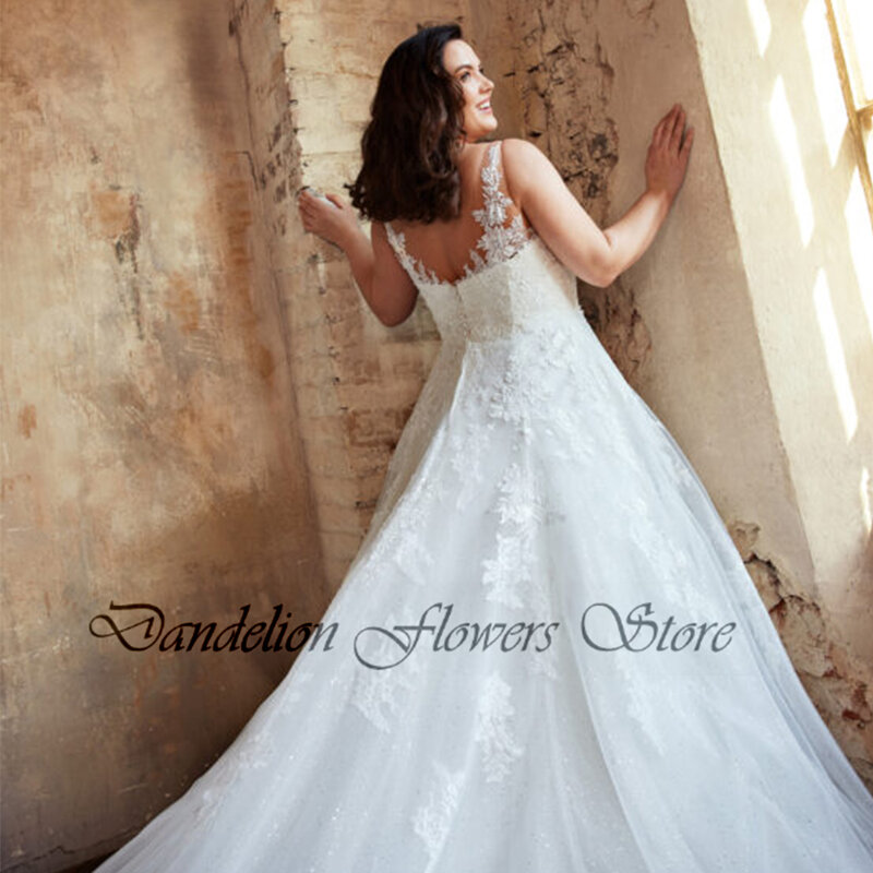 Exquisite Hochzeit Kleider Plus Größe V-ausschnitt Sleeveless Backless Braut Kleider Spitze Applique A-Line Sweep Zug Vestido De Noiva