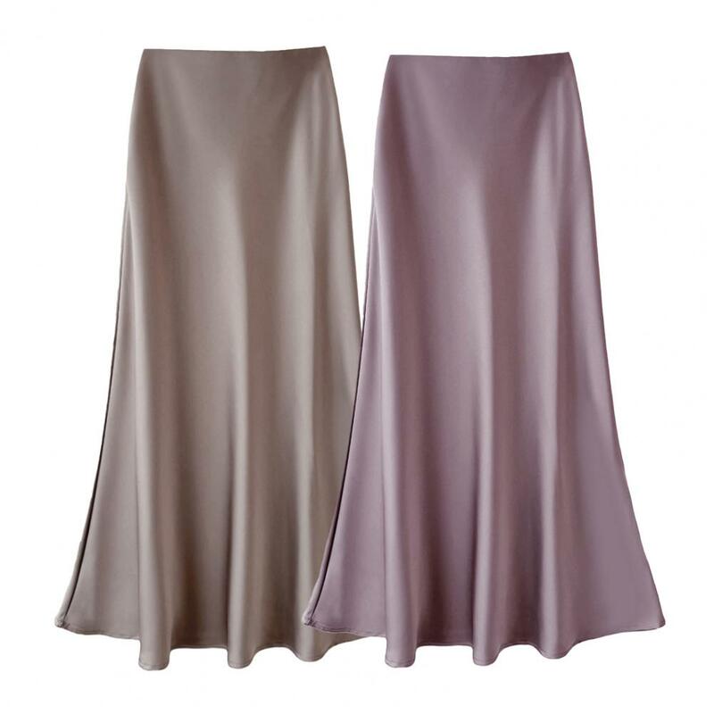 Women High Waist Midi Skirt Elegant High Waist Satin Midi Skirt with A-line Fishtail Hem Solid Color Wrapped Workwear for Women