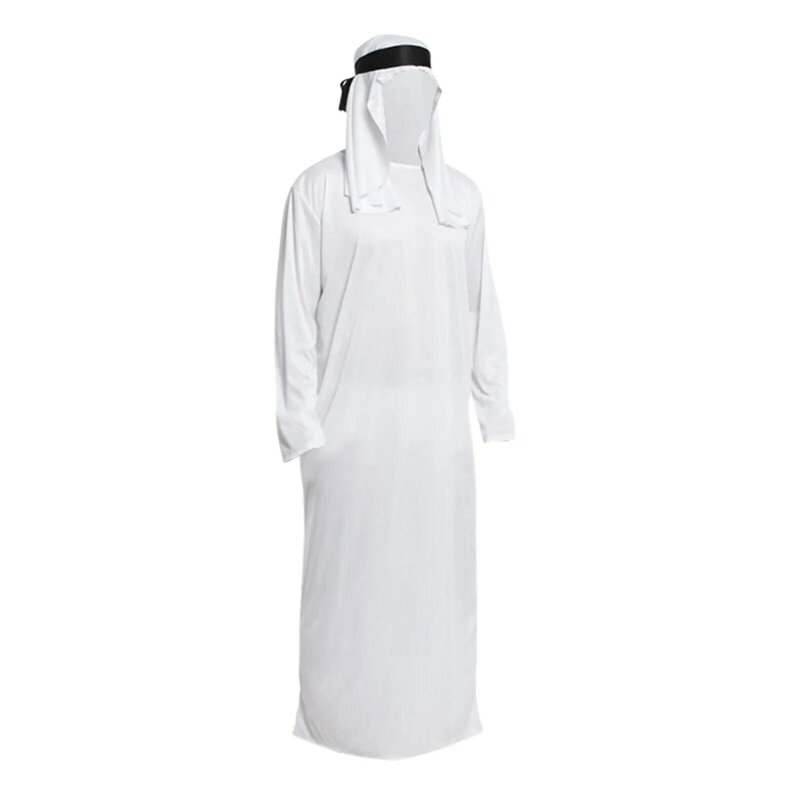 Albornoz clásico de Oriente Medio para hombre, Túnica musulmana blanca con pañuelo en la cabeza, cuello redondo árabe saudita, mangas largas, caftán Islámico
