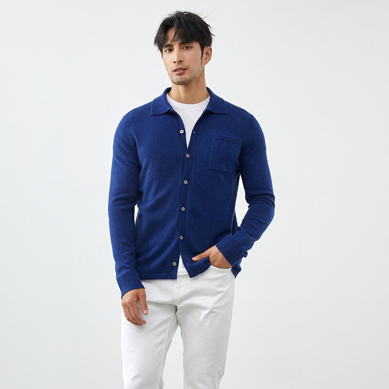 Cardigã masculino de caxemira de cabra, gola polo, suéter de manga comprida, camisa de malha 100% nova, primavera e outono