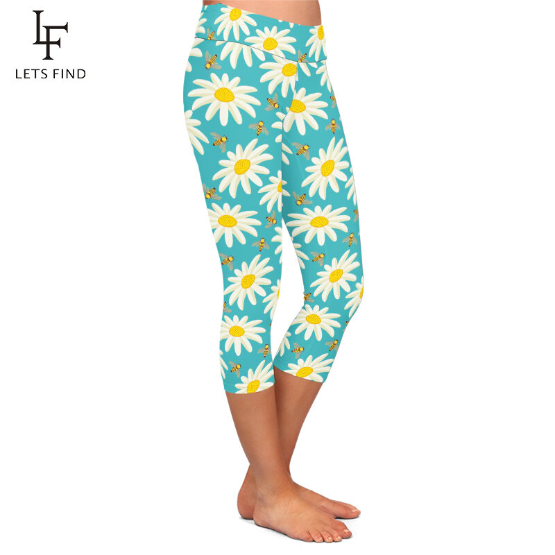 Summer Simple Design Women Capri Leggings Seamless 3D Flowers Print High Waist Elastic  Mid-Calf 3/4 Stretch Girl Pants