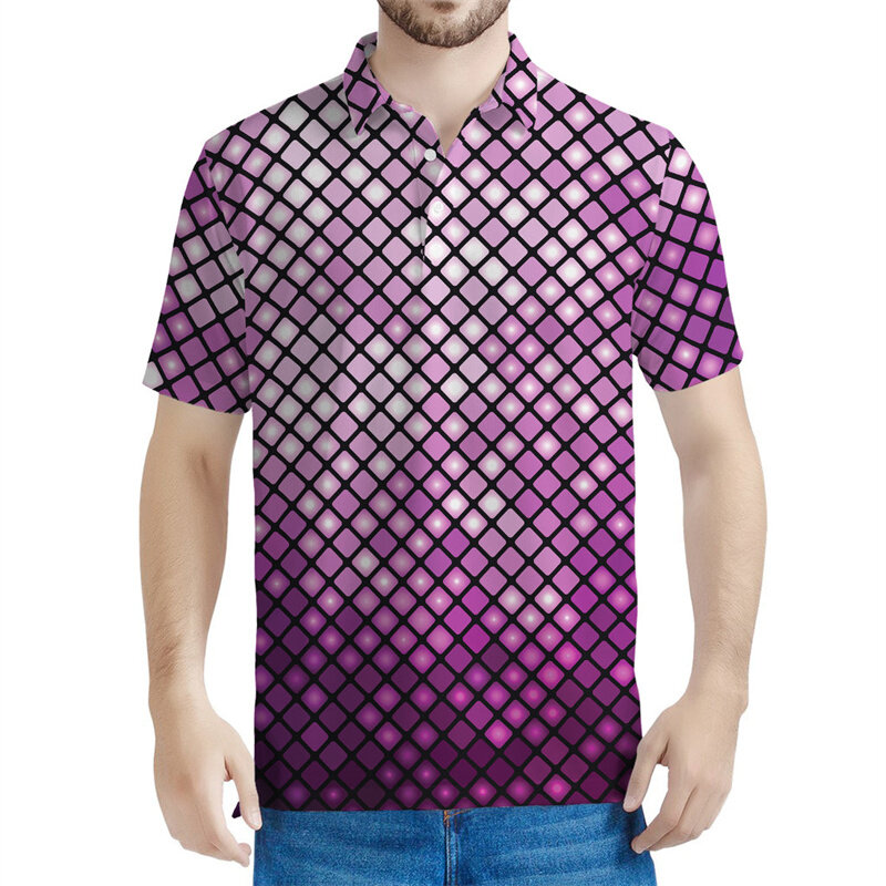 남성용 빈티지 다채로운 디스코 조명 그래픽 폴로 셔츠, 3D 프린트 티셔츠, 여름 스트리트 반팔 Y2k 상의, 루즈 티셔츠