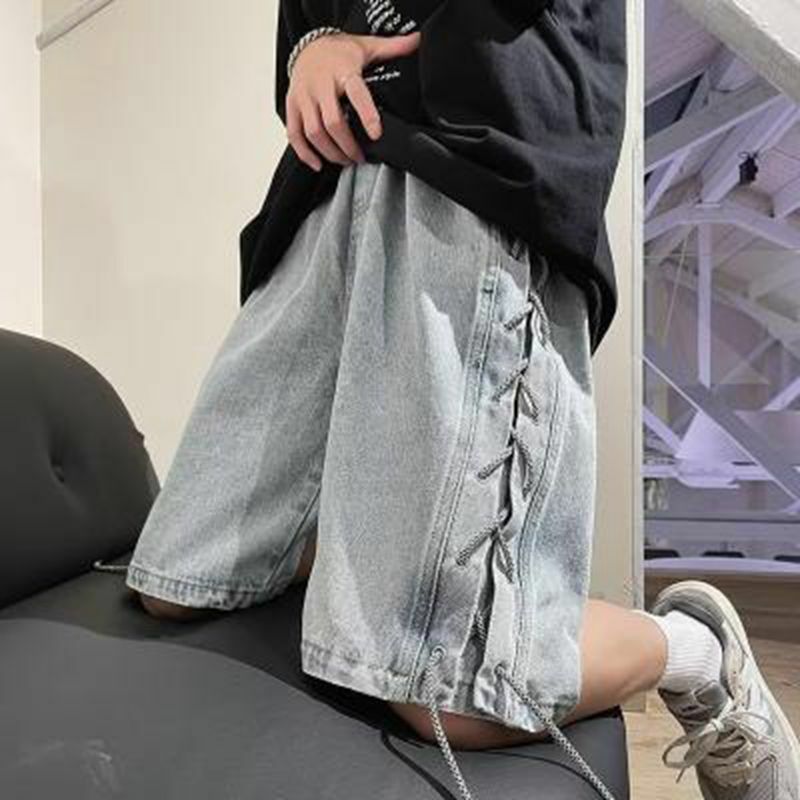 2024 Summer New Men's Stretch Short Jeans Fashion Casual Side straps High Quality Elastic Denim Shorts Male Brand Clothes