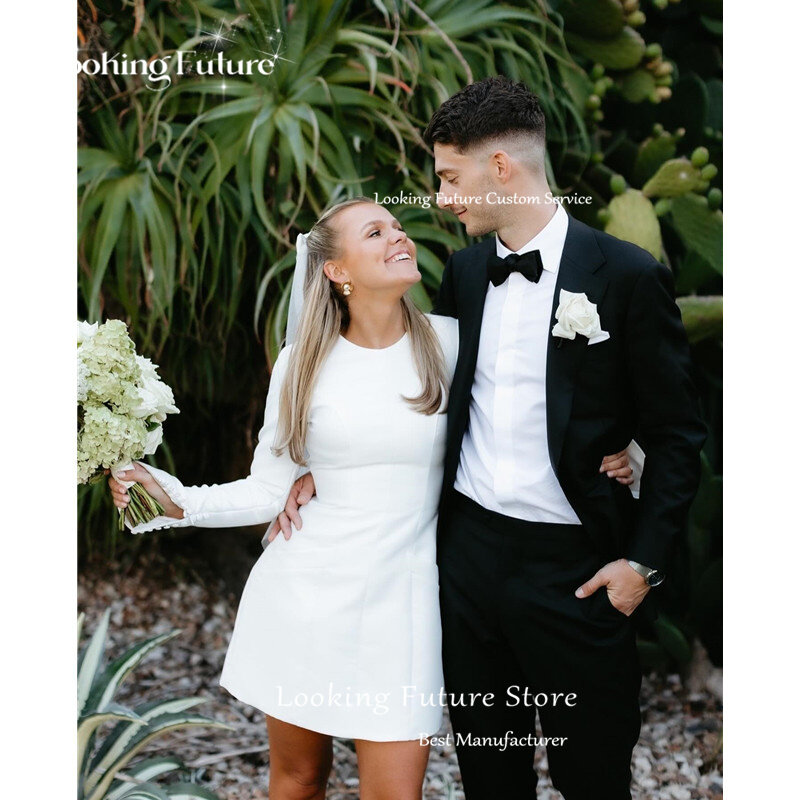 Vestido de casamento curto em cetim, elegante com o pescoço, mangas compridas, zíper plissado formal, vestido de noiva, mini vestido simples, 2024