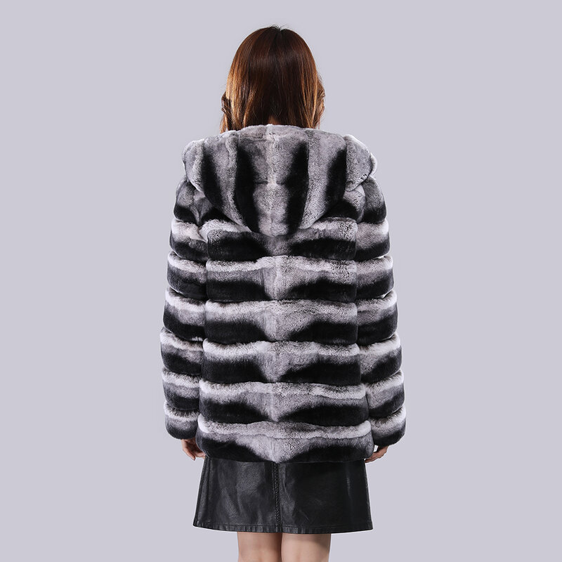 Женское зимнее пальто с капюшоном, из натурального меха кролика