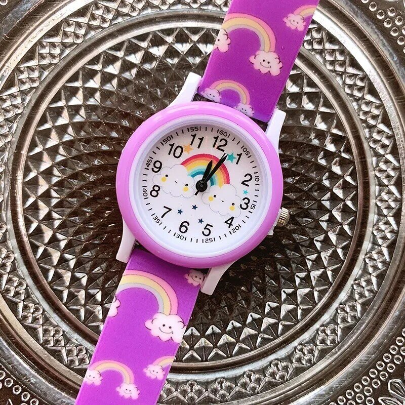 2024ใหม่สายนาฬิกาซิลิโคนลายเมฆสีรุ้งสำหรับเด็กดูการ์ตูนน่ารักเด็กผู้หญิงนาฬิกาควอตซ์สำหรับเด็ก Jam Tangan anak perempuan