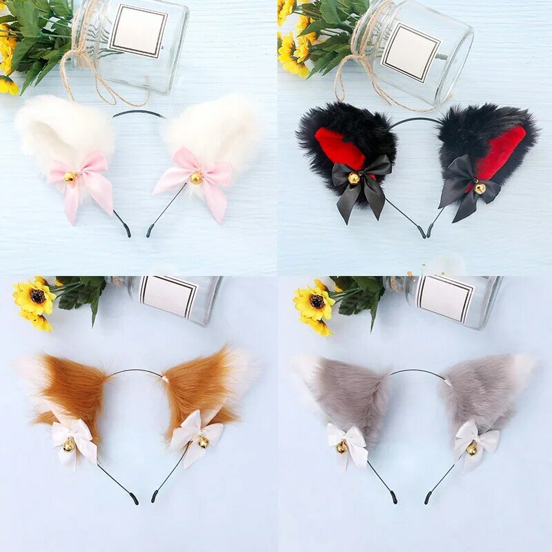 Cute Fox Cat Ears Plush Headband Lolita Cosplay Party Costume Bow Tie Bell Girls Anime Hair Accessories Halloween Supplies